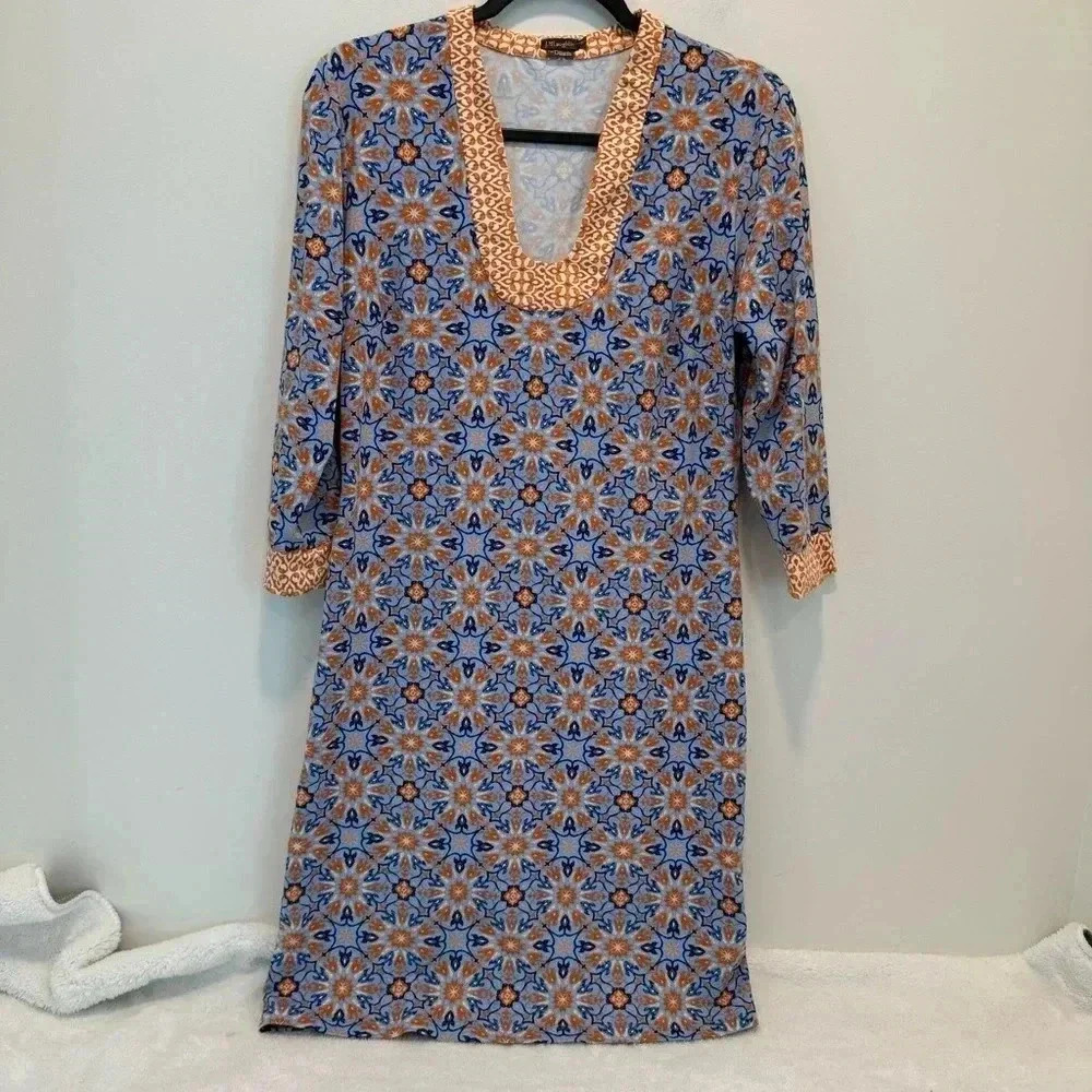 J. McLaughlin Catalina Cloth Blue Kaleidoscope Print Long Sleeve Sheath …